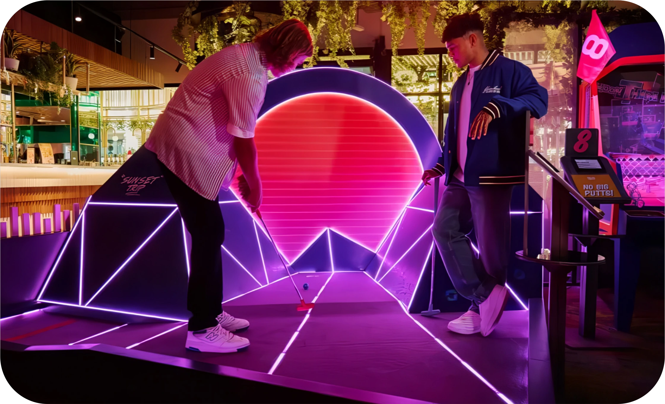 Players on the Synthwave minigolf hole